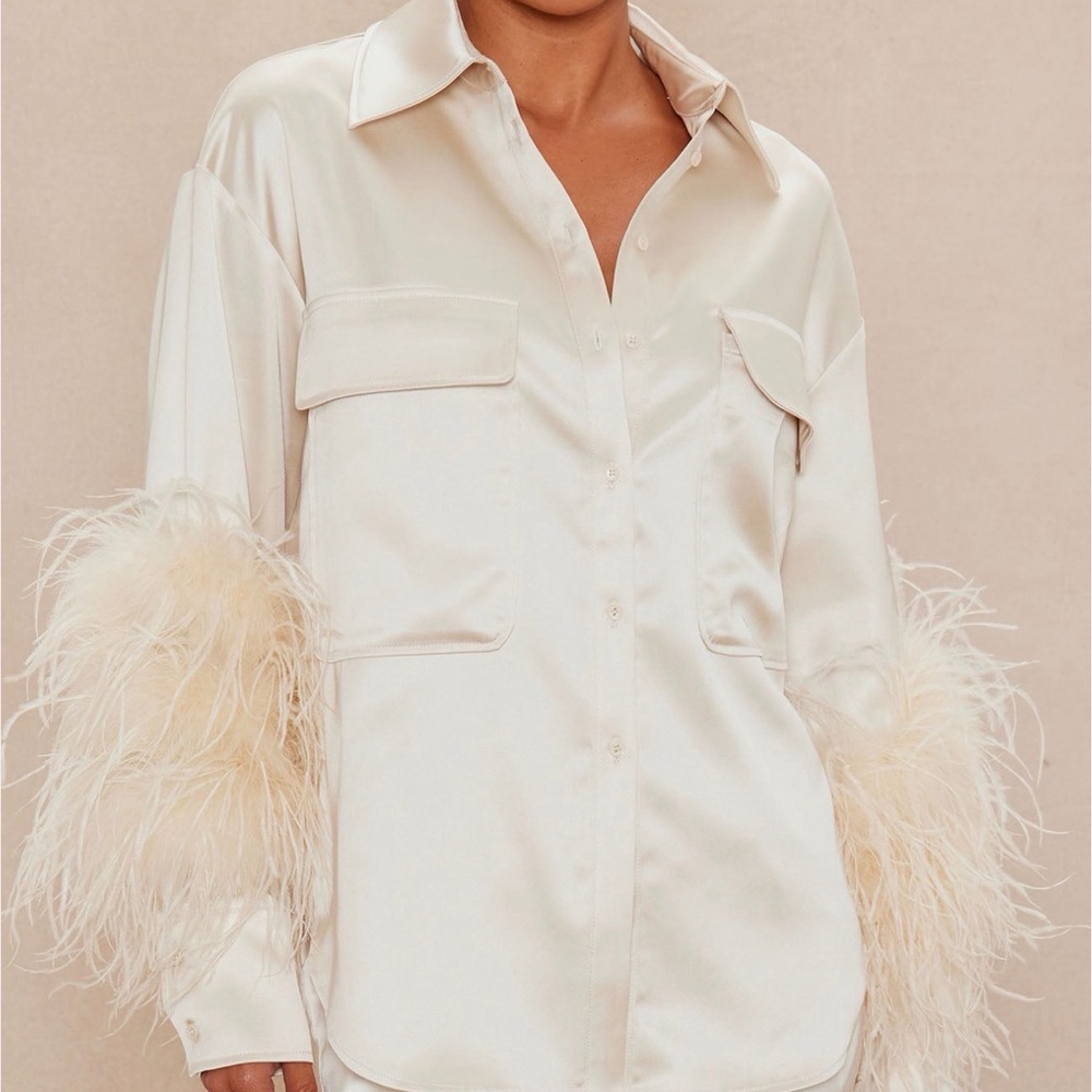 Elegant Cream Feather-Trimmed Satin Blouse